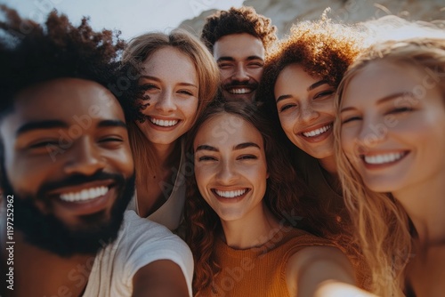 Multiracial group of happy backpackers enjoying in hiking in nature. Generative AI