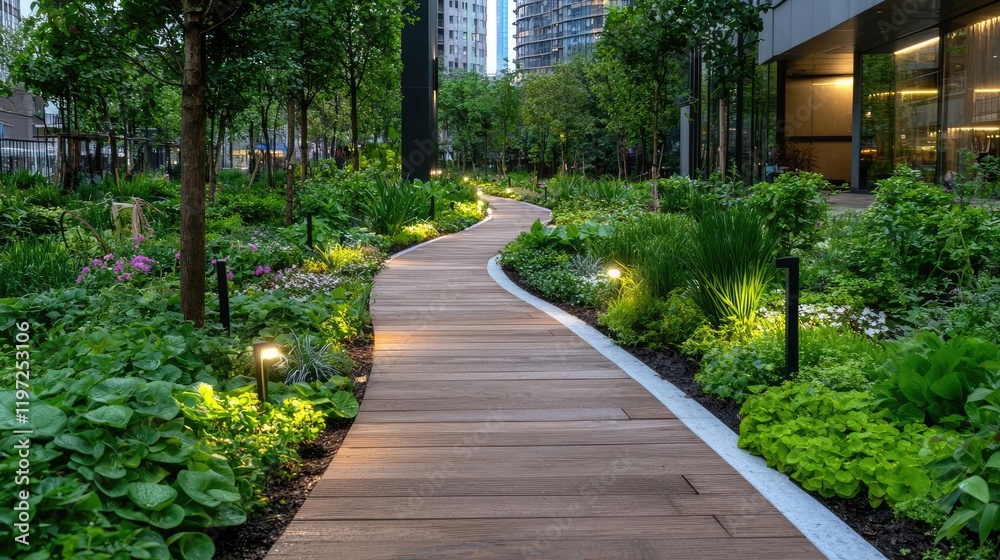 City park pathway, evening lights, green plants, urban oasis, landscape design City park pathway, evening lights, green plants, urban oasis, landscape design