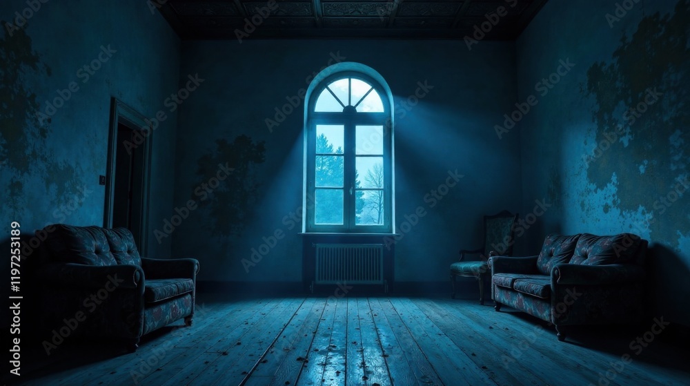 Fototapeta premium Mysterious ambiance of an aged room bathed in ethereal light, featuring antique furniture and weathered walls, a scene of quiet solitude