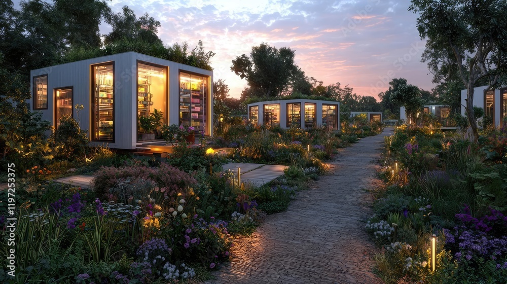 Fototapeta premium Eco-friendly modular homes at sunset, garden path