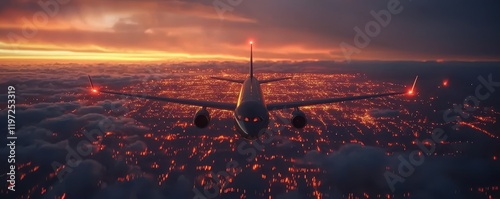 aviationbusiness  logistics globalnetwork concept. A stunning aerial view of an airplane flying above a vibrant city illuminated by sunset, casting a warm glow over the clouds and urban landscape. photo