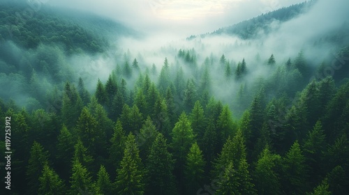 Aerial view of misty evergreen forest in mountains.