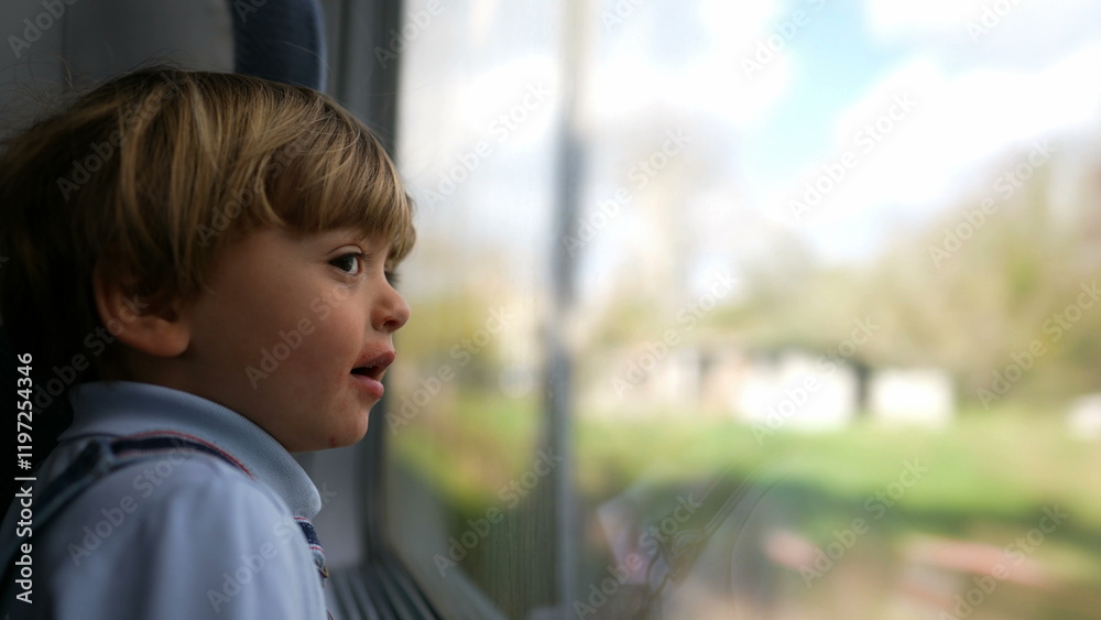 Child travelling by train, little boy looking out window looking at landscape passing by Child travelling by train, little boy looking out window looking at landscape passing by