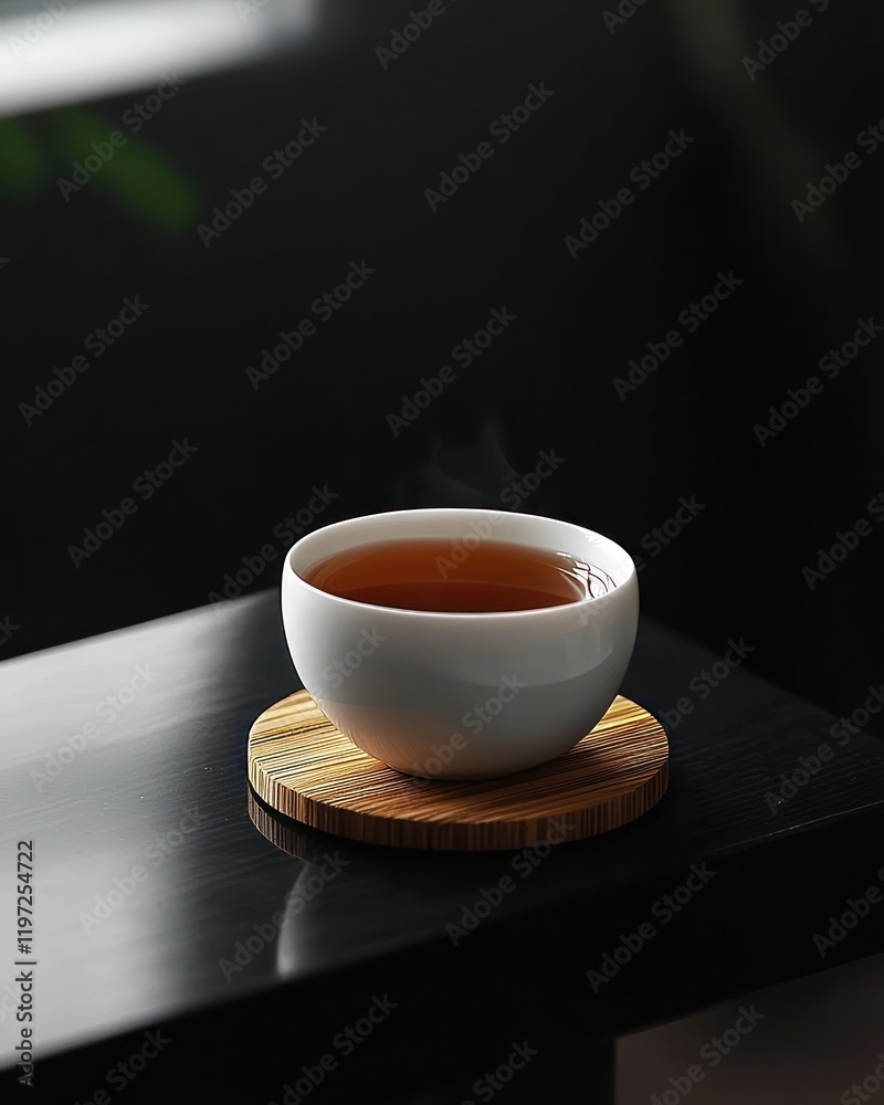 Obraz premium Steaming teacup on coaster, dark room, calm background, zen