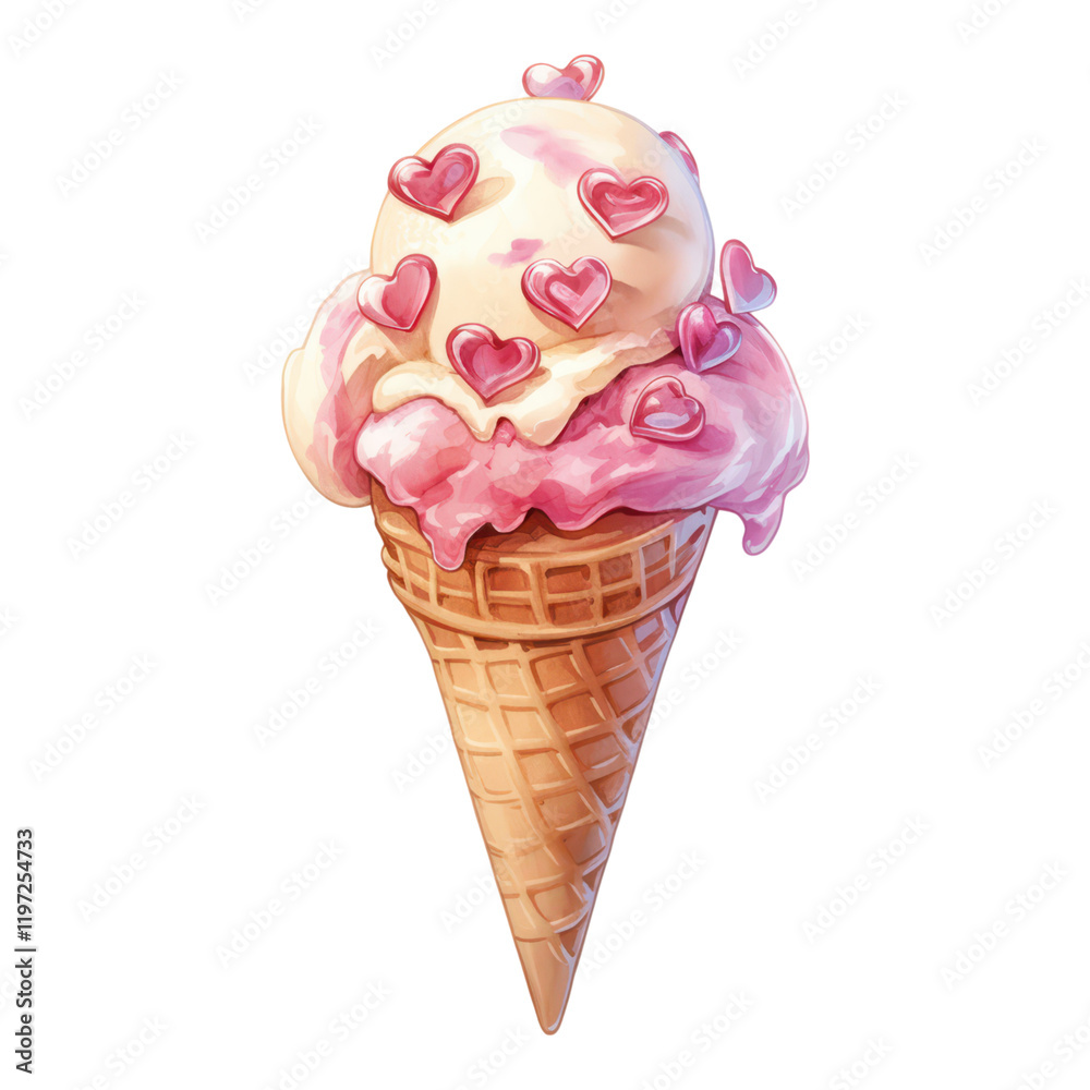 Delightful ice cream cone with heart sprinkles sweet treat dessert whimsical vibe close-up view Delightful ice cream cone with heart sprinkles sweet treat dessert whimsical vibe close-up view
