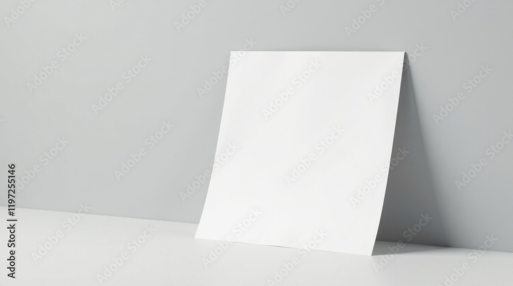Blank White Paper Sheet Leaning Against a Pale Gray Wall, Ideal for Mockups and Presentations of Designs or Documents Blank White Paper Sheet Leaning Against a Pale Gray Wall, Ideal for Mockups and Presentations of Designs or Documents