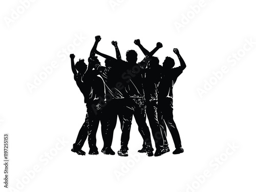 Cricket Team Silhouette: Huddling and Celebrating for Sports Artwork