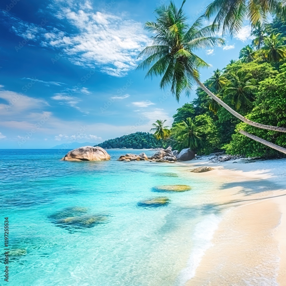 Naklejka premium Tropical Beach Paradise Idyllic Island Getaway Stunning Ocean View