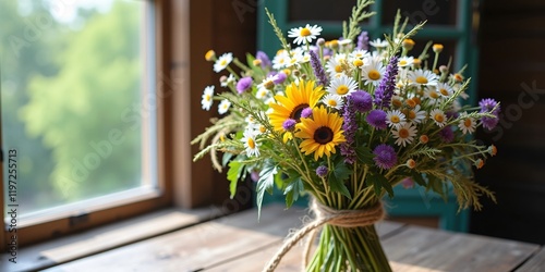 Rustic Wildflower Bouquet with Daisies, Lavender, and Baby’s Breath in Natural Light photo