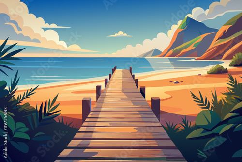 Wooden path on a sandy beach going to the sea
