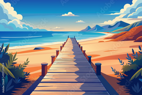 Wooden path on a sandy beach going to the sea

