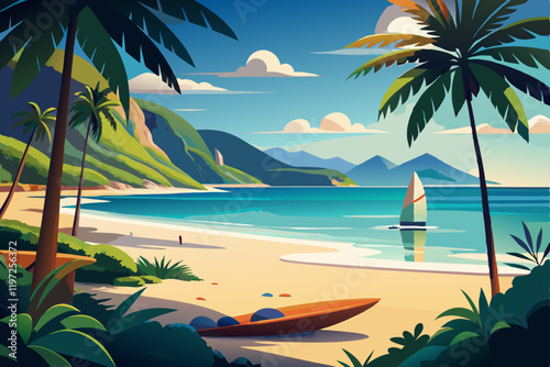 Beautiful beach and sea with a wooden sup board
