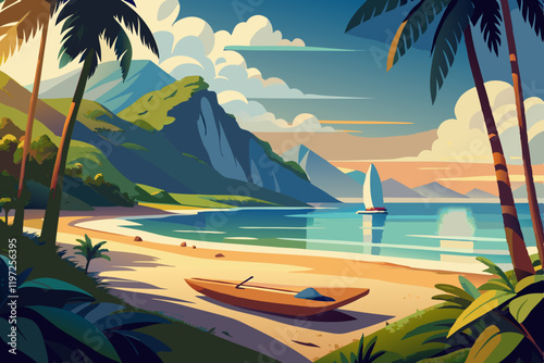 Beautiful beach and sea with a wooden sup board
