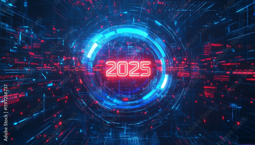 Obraz premium Glowing blue neon circuit patterns with 2025 in the center, futuristic tech visualization, digital innovation theme, sleek and vibrant, ultradetailed digital art