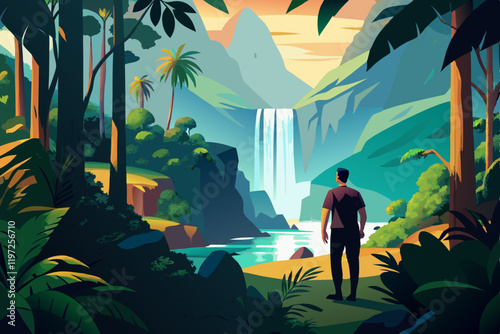 Man looking on the the waterfall in tropical forest
