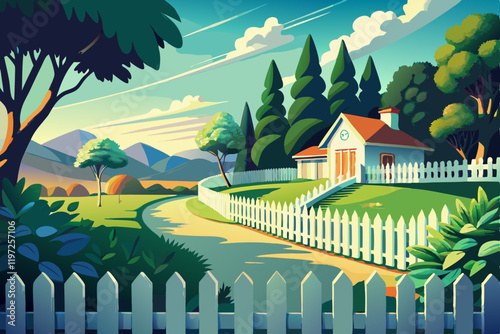 White picket fence surrounding a lush green lawn
