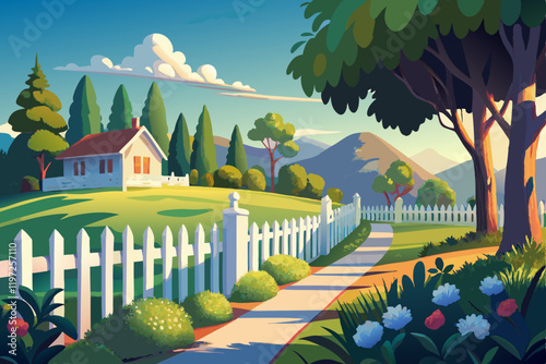 White picket fence surrounding a lush green lawn
