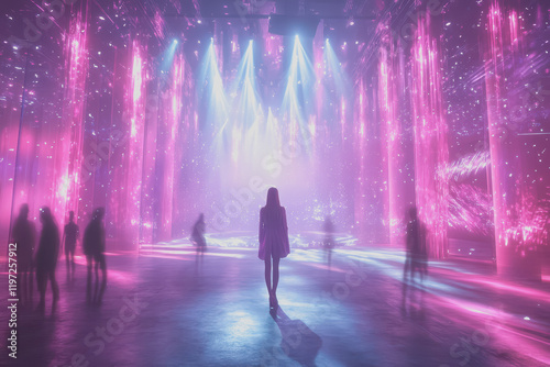 Virtual concert, cutting-edge stage, holographic performers, immersive experience, neon lights.