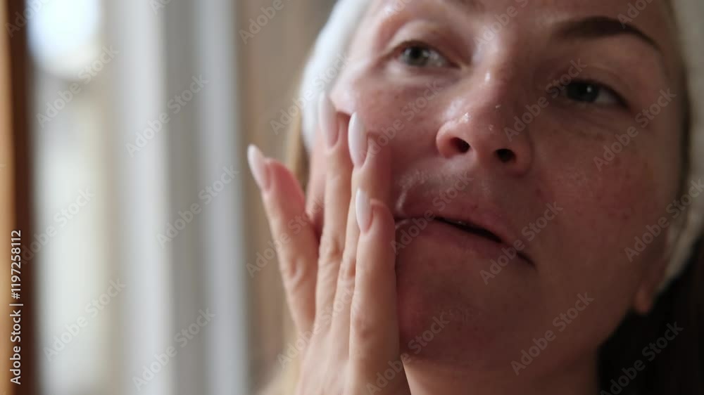 a woman gives herself a face and neck lifting massage with anti-aging serum or essentials oil, facial skin care