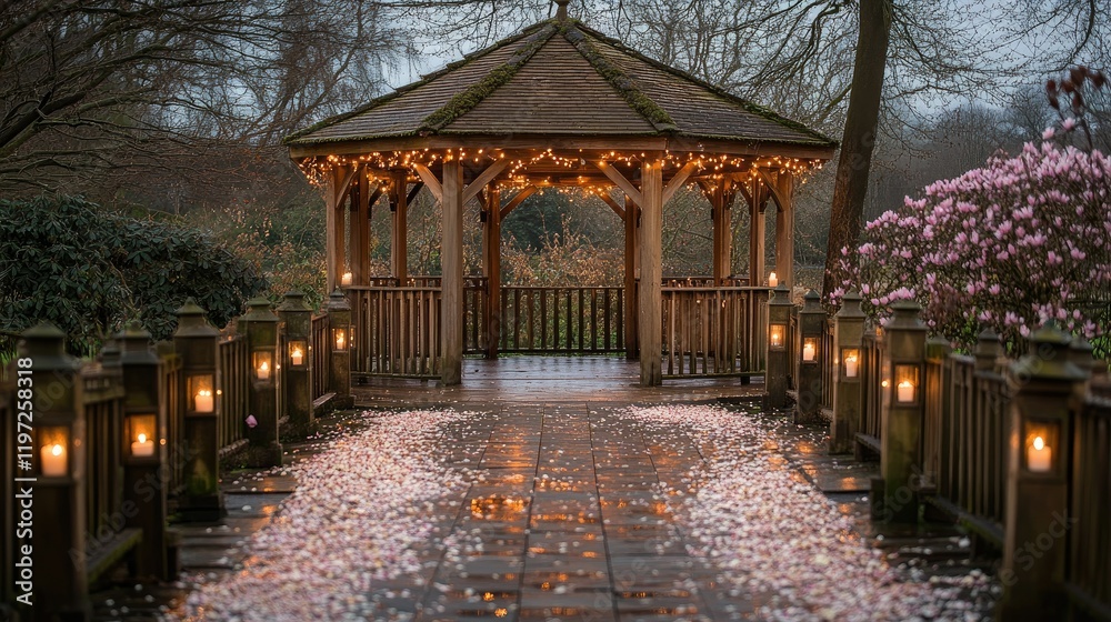 Obraz premium Wooden Gazebo Illuminated With Lights And Flower Petals
