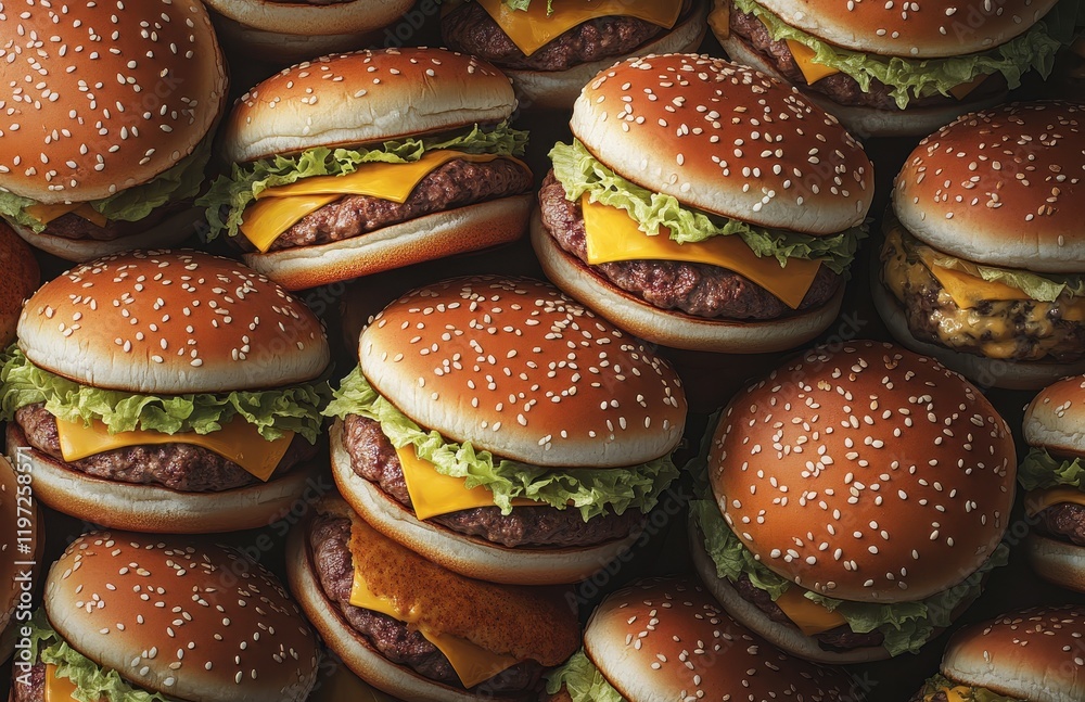 A close-up arrangement of delicious hamburgers with lettuce, cheese, and sesame seed buns, showcasing a tempting fast-food feast. A close-up arrangement of delicious hamburgers with lettuce, cheese, and sesame seed buns, showcasing a tempting fast-food feast.