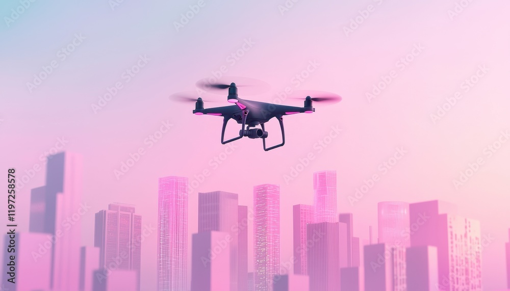 A drone hovers above a city skyline, illuminated by a colorful pink and purple sky, showcasing modern technology in an urban setting.