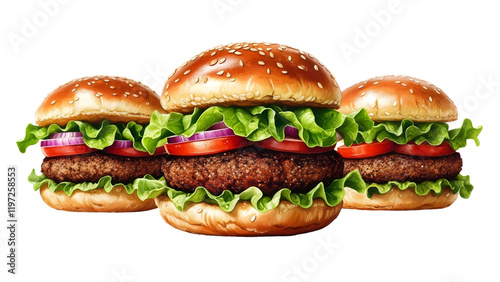 Classic Trio of Juicy Beef Burgers with Lettuce, Tomato, and Red Onion on Sesame Seed Buns, isolated on transparent background.