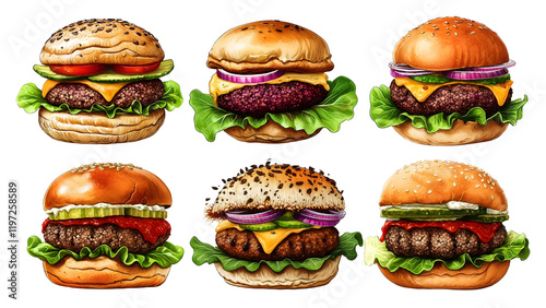 Six Variations of Gourmet Burgers with Unique Toppings and Flavors in Artisan Buns, isolated on transparent background.
