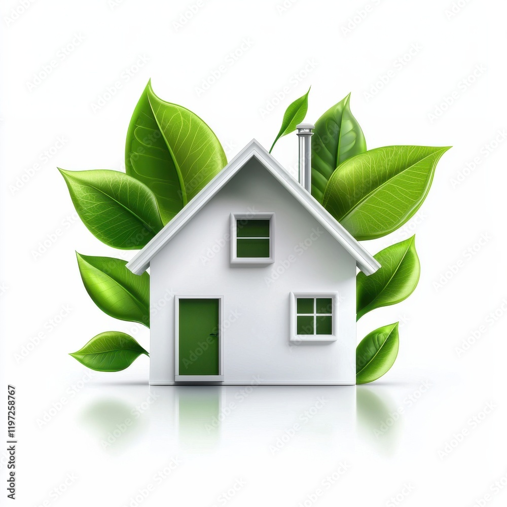 A modern house surrounded by vibrant green leaves, symbolizing eco-friendliness and harmony with nature. A modern house surrounded by vibrant green leaves, symbolizing eco-friendliness and harmony with nature.