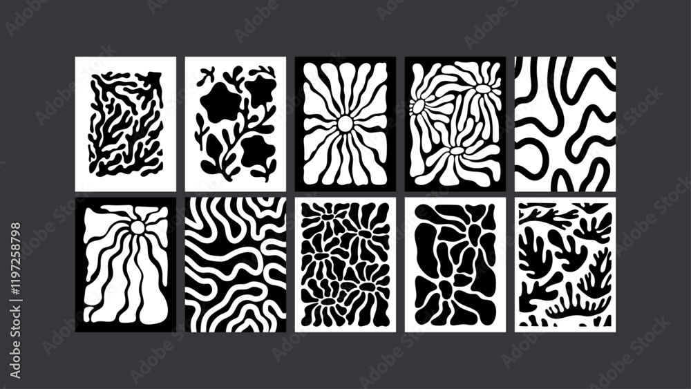 Retro psychedelic posters- Groovy black and white. Funky florals, abstract patterns, trippy wave design