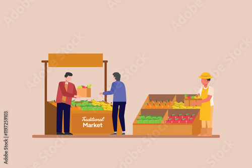 Outdoor street market concept. Colored flat vector illustration isolated.	