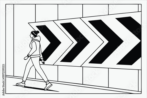 geometric pattern, arrow shapes, black and white, minimalist design, repetitive elements, directional symbols, graphic design, bold contrast, simple shapes, linear progression, forward motion concept,