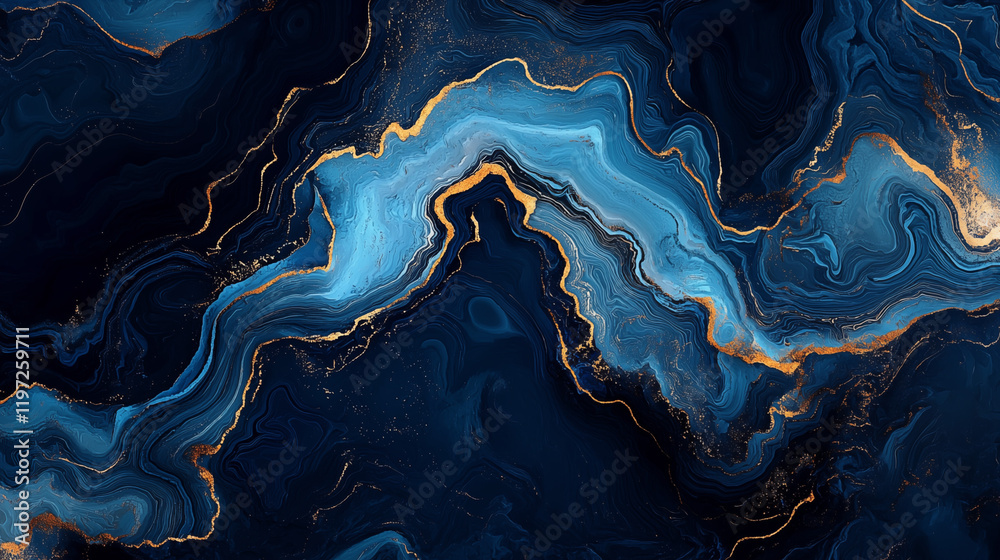 An elegant and abstract fluid art composition featuring swirling shades of deep navy blue and vibrant turquoise, accented with delicate streaks of gold. An elegant and abstract fluid art composition featuring swirling shades of deep navy blue and vibrant turquoise, accented with delicate streaks of gold.