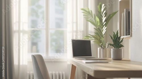 Minimalist home office with natural light and green plants     modern workspace design