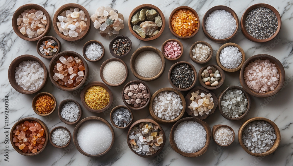 An Array of Rocks and Salt in Wooden Bowls, Stacked in an Overhead View An Array of Rocks and Salt in Wooden Bowls, Stacked in an Overhead View