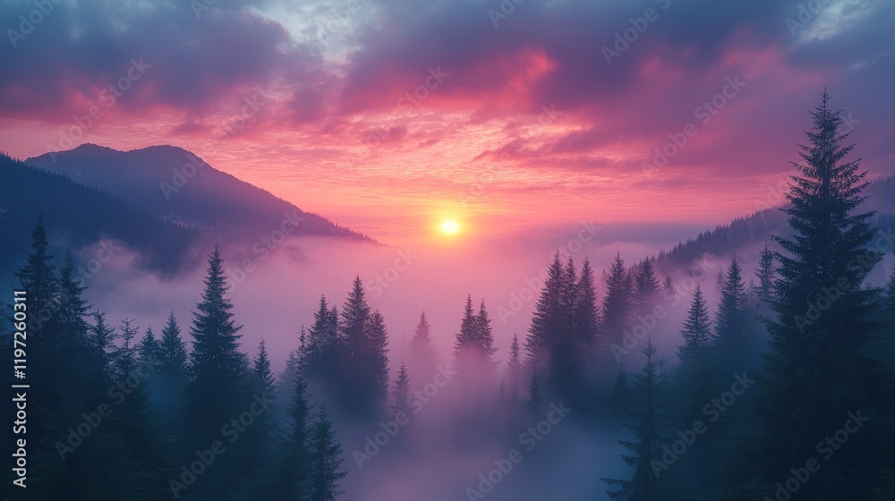Fototapeta premium Majestic sunset over misty mountain valley with silhouetted evergreen trees.