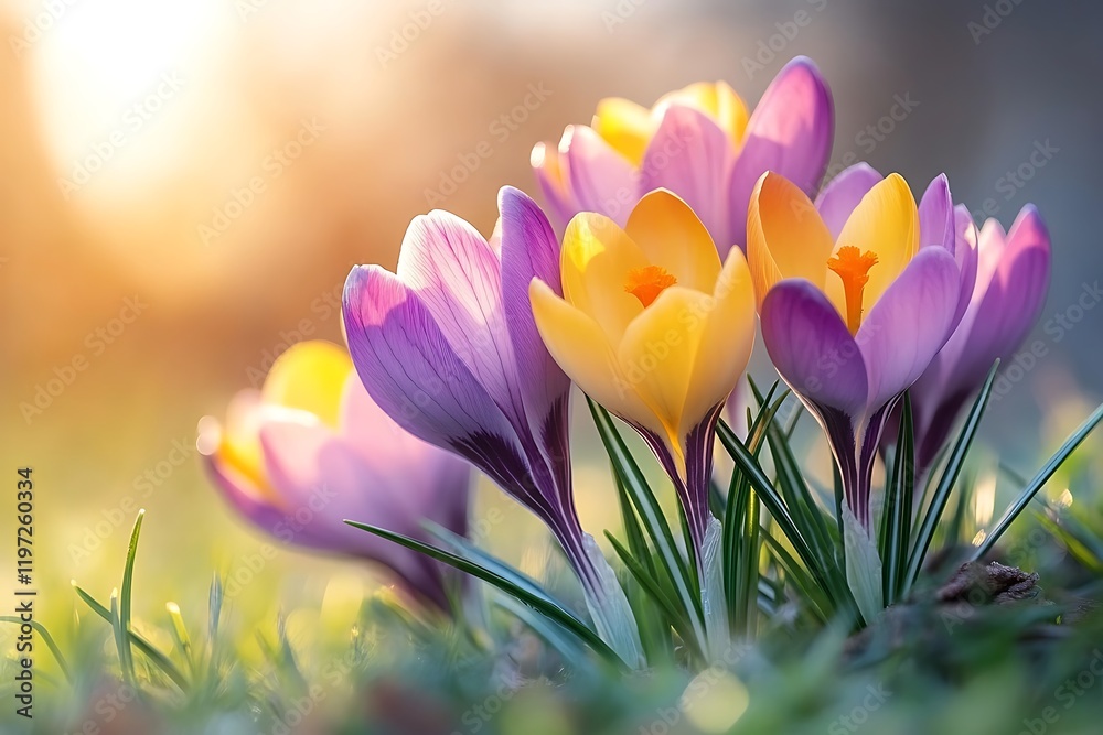 Fototapeta premium Purple and yellow crocuses blooming in the spring sunshine