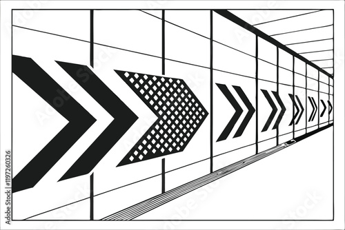 geometric pattern, arrow shapes, black and white, minimalist design, repetitive elements, directional symbols, graphic design, bold contrast, simple shapes, linear progression, forward motion concept,