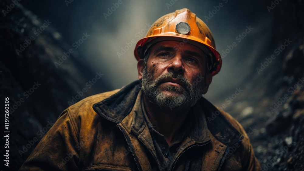 A gritty portrait of a miner deep underground, wearing a helmet with a headlamp, covered in dust, holding a pickaxe, dimly lit tunnel A gritty portrait of a miner deep underground, wearing a helmet with a headlamp, covered in dust, holding a pickaxe, dimly lit tunnel