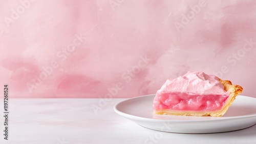 Slice of pink cream pie on white plate, background photo