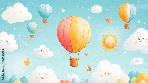 Cute cartoon drawing with balloons, clouds and cappuccino on a light blue background. vector wallpapers for kids. A fun, cute scene in the sky with flying objects, sun rays, cupcakes, birds and cloud 