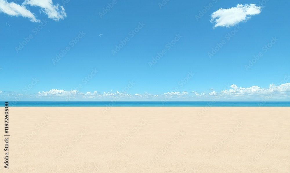 Empty sandy beach, tranquil ocean, blue sky, sunny day, ideal for travel ads Empty sandy beach, tranquil ocean, blue sky, sunny day, ideal for travel ads