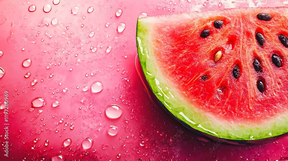 A slice of watermelon with realistic water droplets on a hot pink background A slice of watermelon with realistic water droplets on a hot pink background