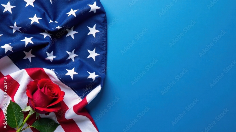 Obraz premium A single red rose rests gently upon a folded American flag against a vibrant blue backdrop, creating a poignant and symbolic composition.