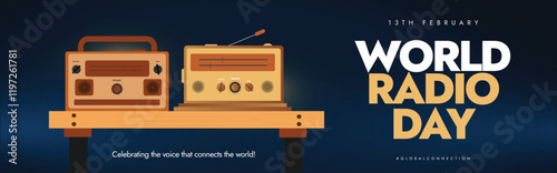 World Radio Day. Radio Day 13th February celebration social media cover or banner. Two radios set up on the wooden table with a dark background. Radio Vector illustration.