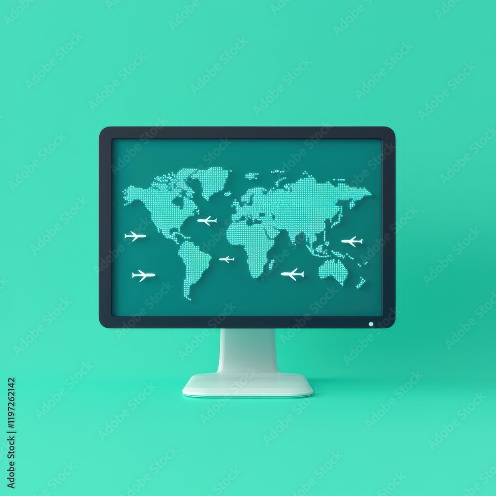 Digital World Map With Airplane Symbols On Green Background Digital World Map With Airplane Symbols On Green Background