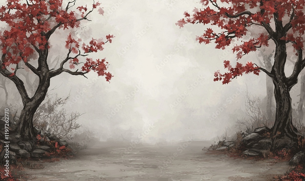 Fototapeta premium Misty path through red autumn trees in a tranquil forest