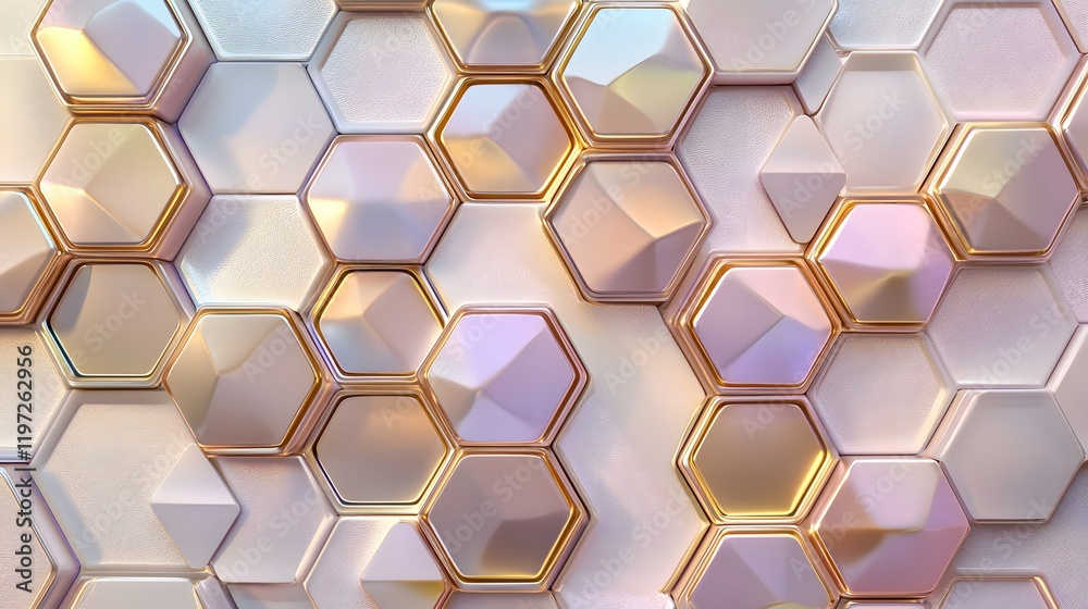 3D iridescent wall with overlapping hexagonal shapes in shades of soft gold and light lavender. 3D iridescent wall with overlapping hexagonal shapes in shades of soft gold and light lavender.