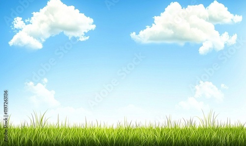 Lush green grass field under bright blue sky with fluffy white clouds, ideal for nature backgrounds