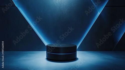 Futuristic device on blue-lit platform, geometric backdrop, product launch